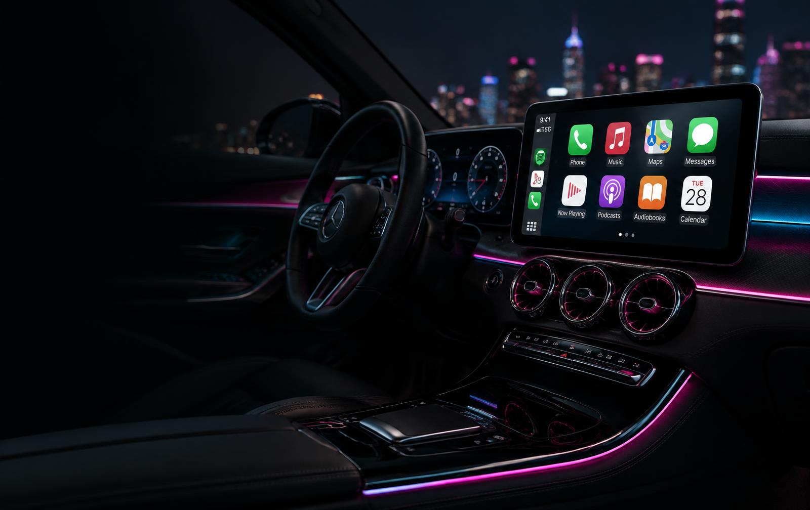 Dashboard met groot touchscreen en CarPlay-interface